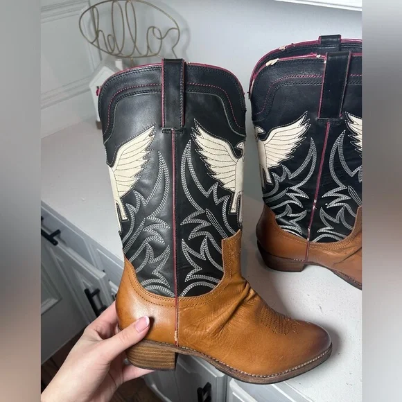 Sam Edelman Western Cowboy Boots Eagle Stitch Leather Brown Women’s 9.5M